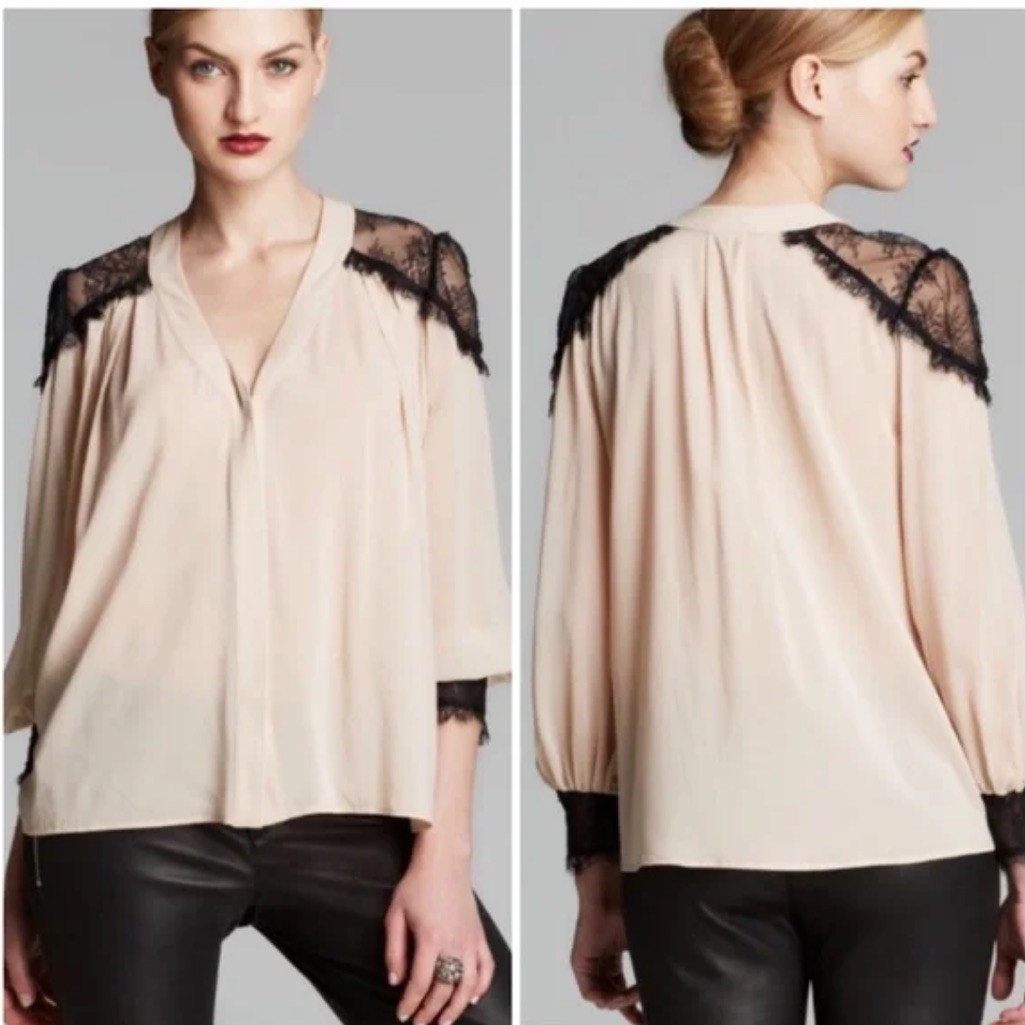 Alice & Olivia Silk Nude Top With Black Lace Size Xs